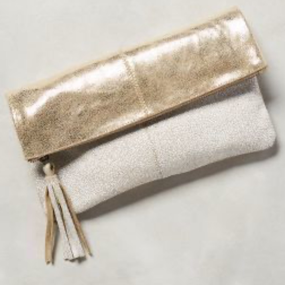 Jasper & Jeera Anthropologie Black Metallic Fold Over‎ Leather Clutch Tassel